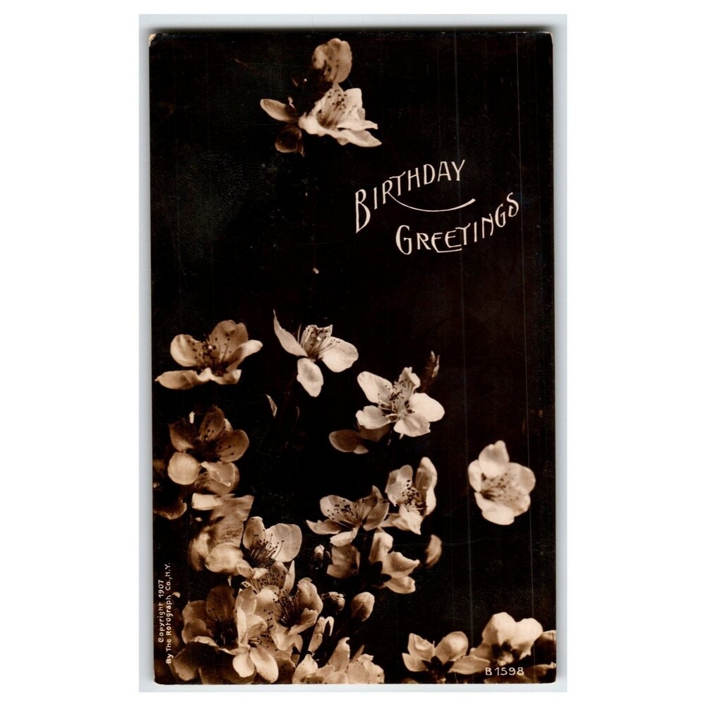 1907 Real Photo Postcard Birthday Greetings Cherry Blossoms Flowers RPPC